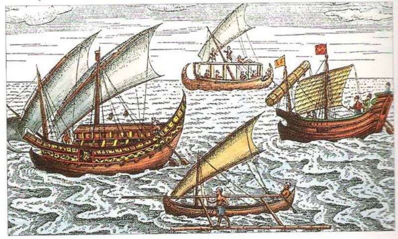 Kapal di lepas pantai Jawa seperti yang digambarkan oleh Lodewijcks, The First Dutch Expedition (Amsterdam, 1598).