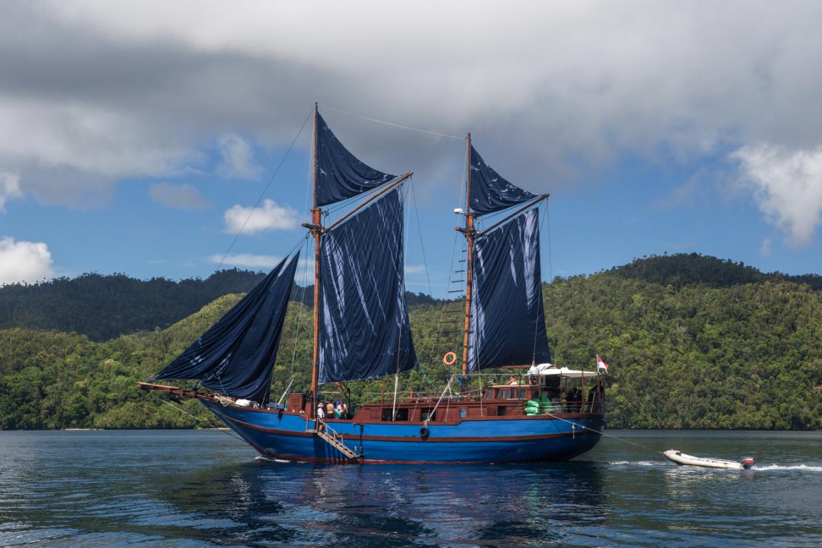 Perahu pinisi yang berlayar dengan gagah di lautan. (ETHAN DANIELS/SHUTTERSTOCK VIA KEMENPAREKRAF)