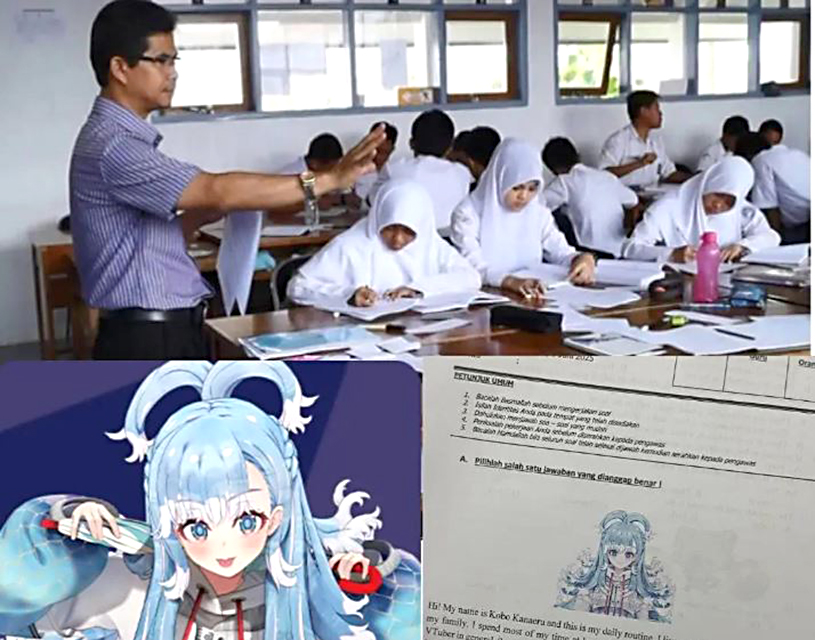 Seorang guru bahasa inggris menyisipkan vtuber kobo disoal mata pelajarannya.