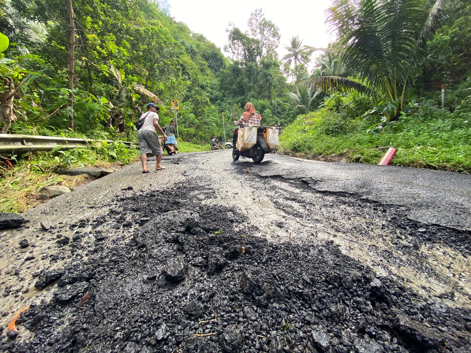 Kondisi aspal terkelupas di jalur alternatif Gemaharjo - Prigi. (DR PERDANA/RADAR TRENGGALEK)