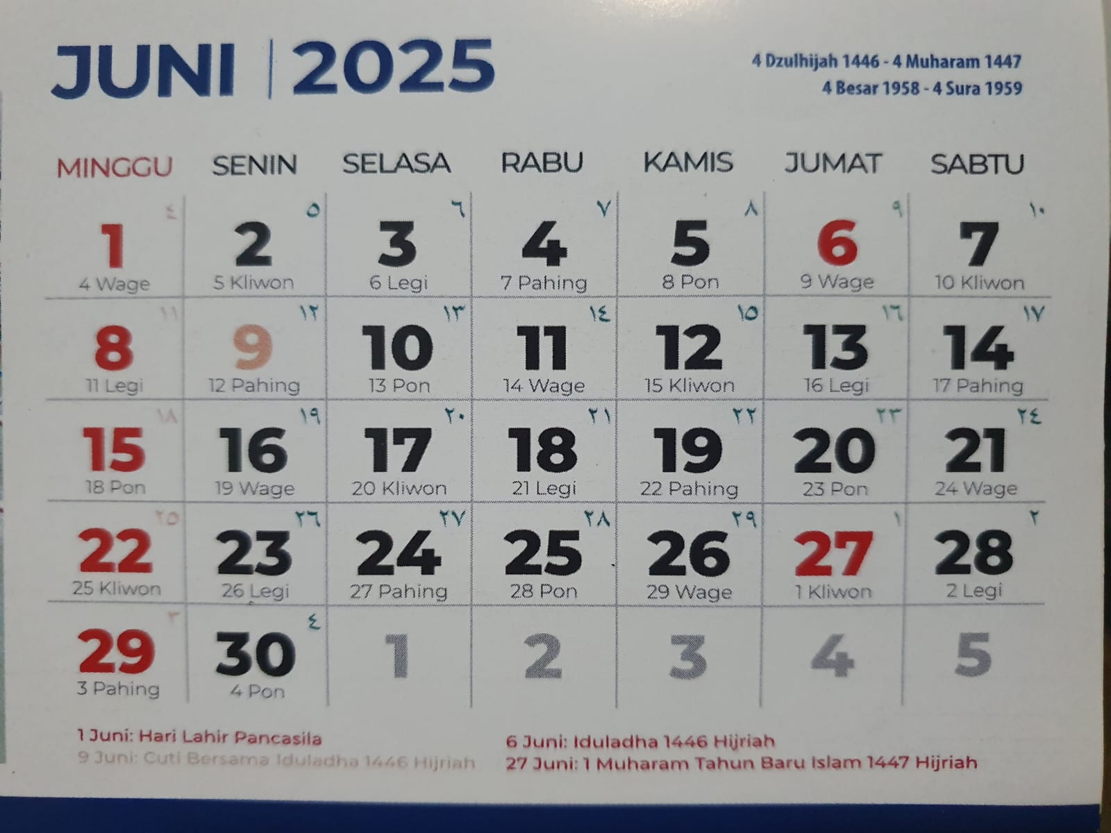 Sebuah kalender Juni 2025 yang memuat hari pasaran. (DR PERDANA/RADAR TRENGGALEK)