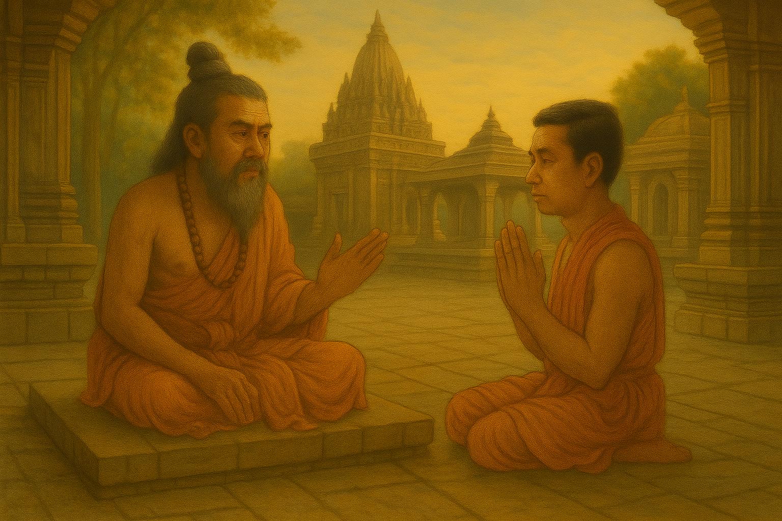 Seorang guru memberikan nasehat pada muridnya di sebuah padepokan.