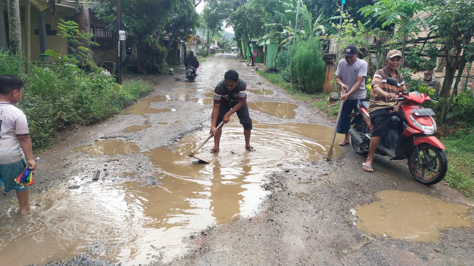 Warga desa baruharjo tengah kerja bakti mencangkuli jalan yang berlubang supaya tidak membahayakan pengendara motor