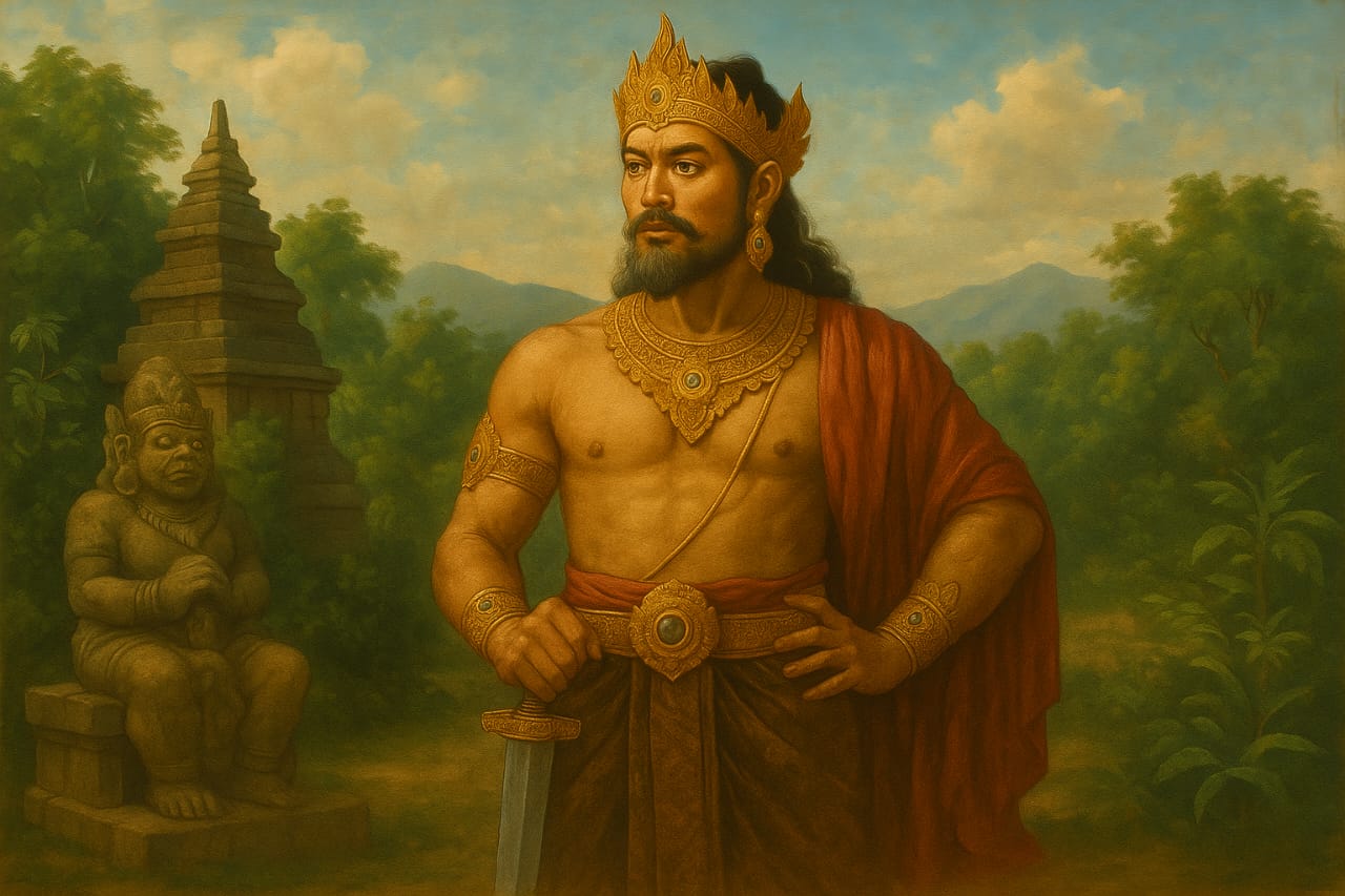 Ilustrasi sosok Raja Airlangga yang berusaha merebut kendali Jawa Timur dengan memanfaatkan Sungai Ngasinan.