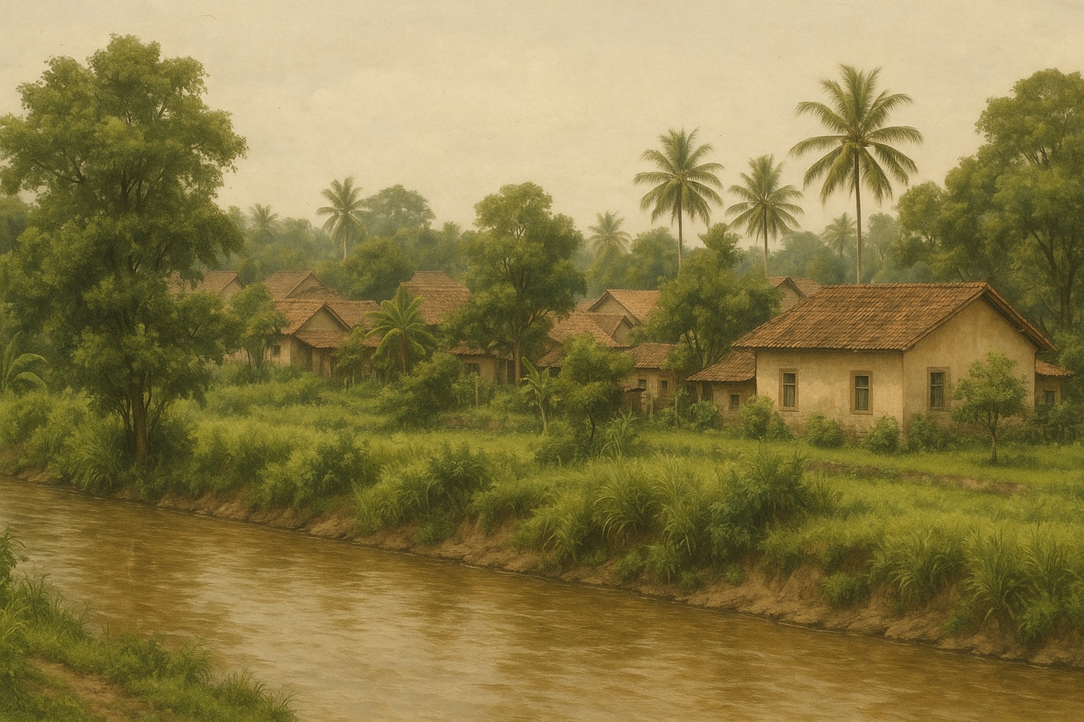 Gambar rekayasa AI yang menggambarkan pemukiman di pinggir sungai.