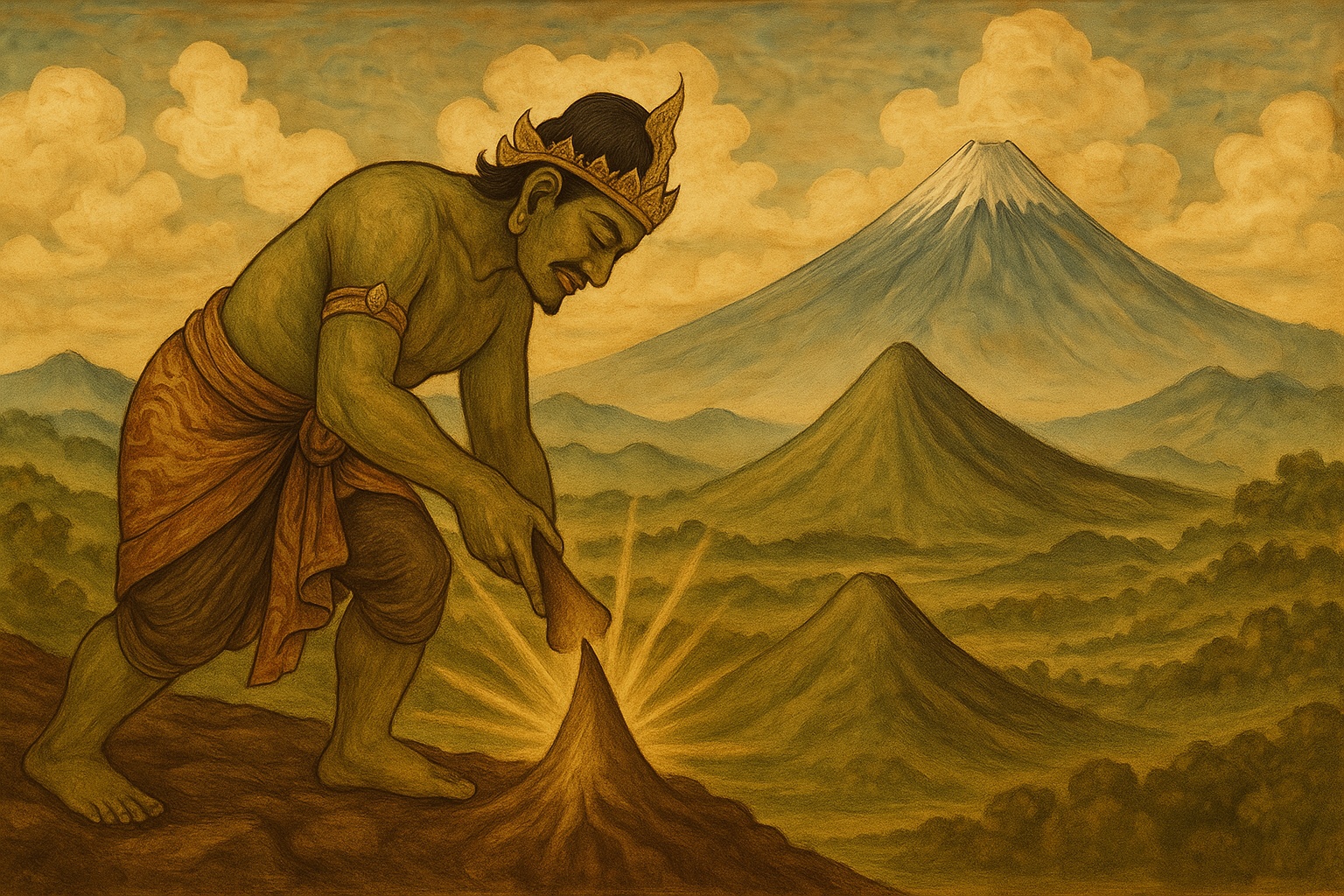 Ilustrasi terciptanya Gunung Wilis seperti yang tercantum dalam kitab Tantu Panggelaran.