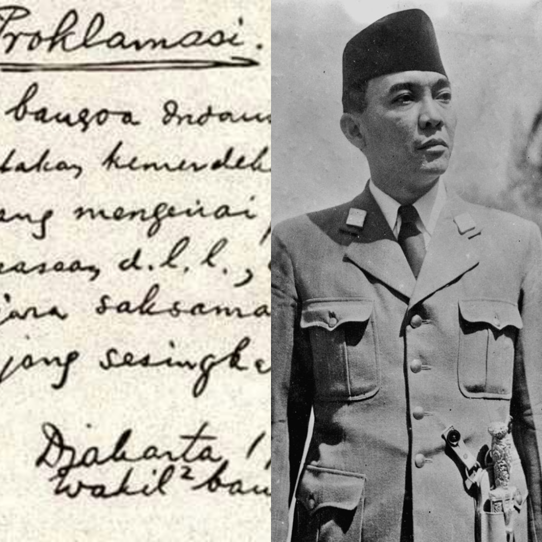 Naskah proklamasi tulisan tangan (kiri) dan potret Ir. Soekarno, sang proklamator