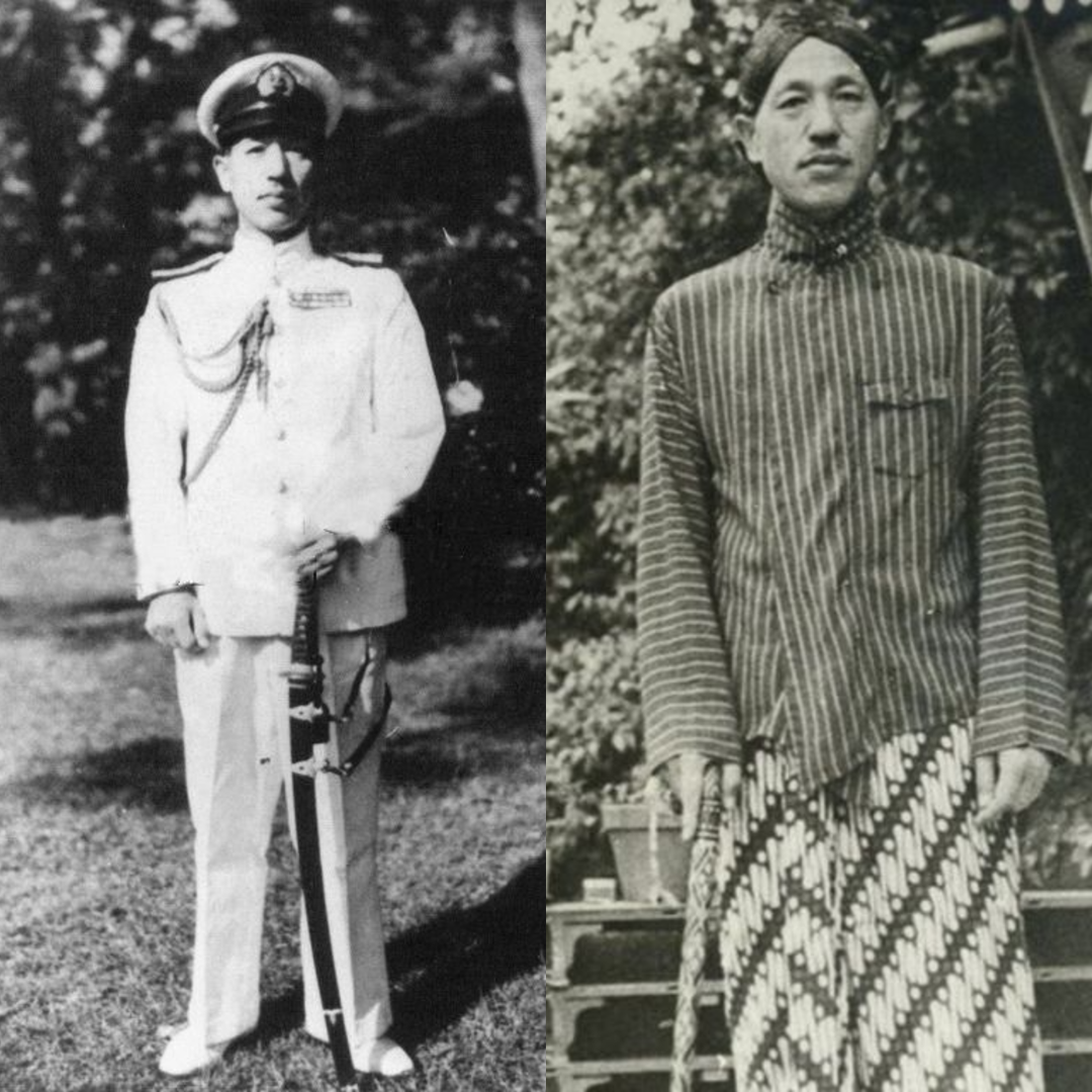 Potret Laksamana Tadashi Maeda dalam balutan seragam militer Angkatan Laut Kekaisaran Jepang (kiri) dan pakaian tradisional Jawa (kanan).