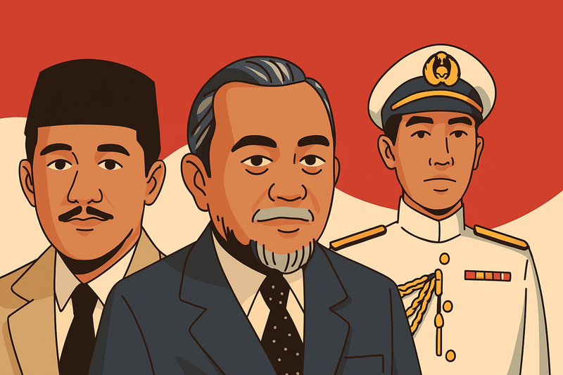 Tiga tokoh kunci di balik suksesnya penyusunan teks Proklamasi: Sukarni, Achmad Soebardjo, Laksamana Maeda (Gambar: AI)