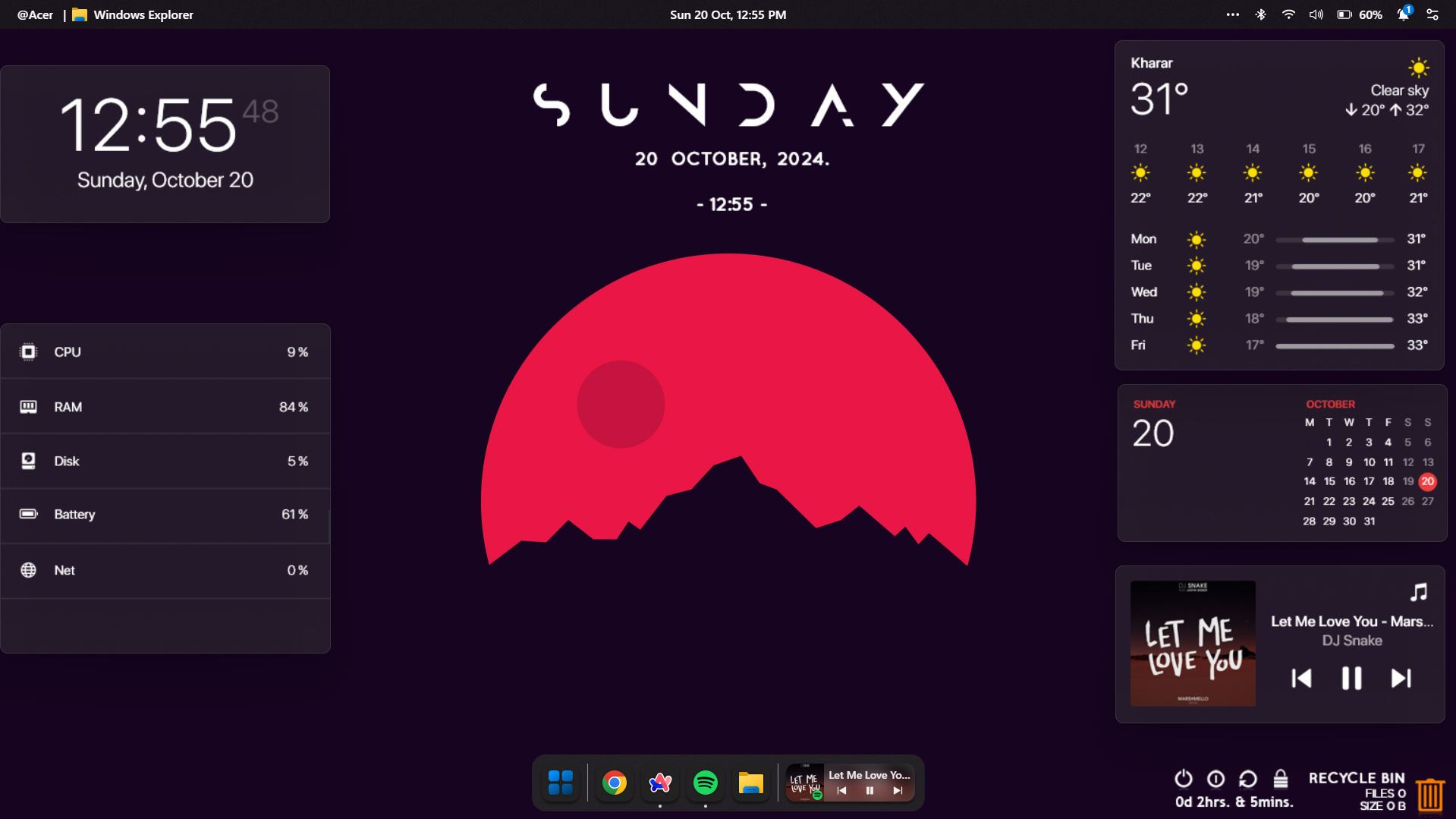 Tampilan windows dengan Seelen UI dan Rainmeter.
