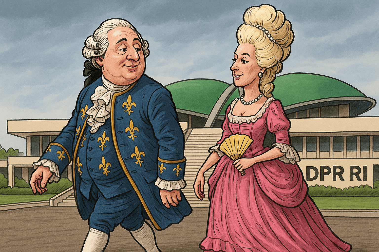 Karikatur satir menggambarkan Marie Antoinette dan Raja Louis XVI berjalan di depan Gedung DPR RI. (Gambar: AI)
