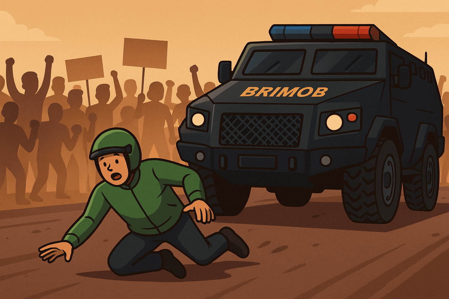 Ilustrasi Affan Kurniawan saat terjatuh di tengah kericuhan demo akbar 28 Agustus sebelum terlindas mobil Barracuda Brimob. (Gambar: AI)