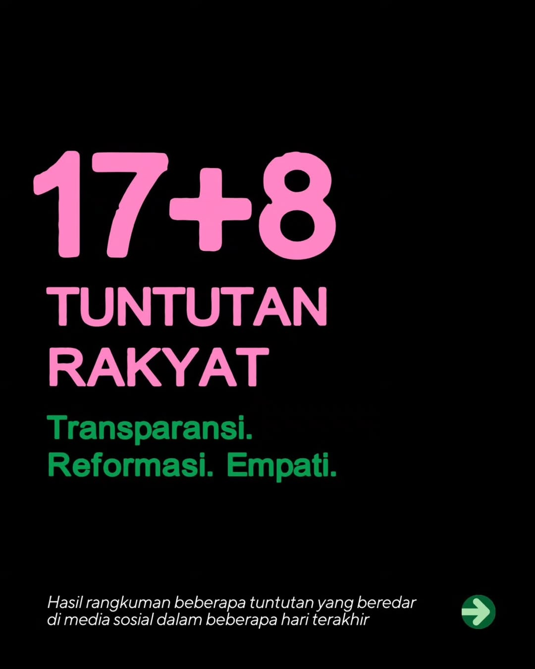 Desain poster 17+8 Tuntutan Rakyat dengan latar pink dan hijau yang kini viral di berbagai platform media sosial. (Gambar: Instagram/@andovidalopez)