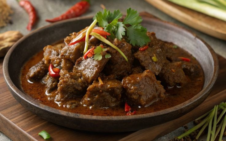 Beberapa jenis makanan khas indonesia contohnya rendang.
