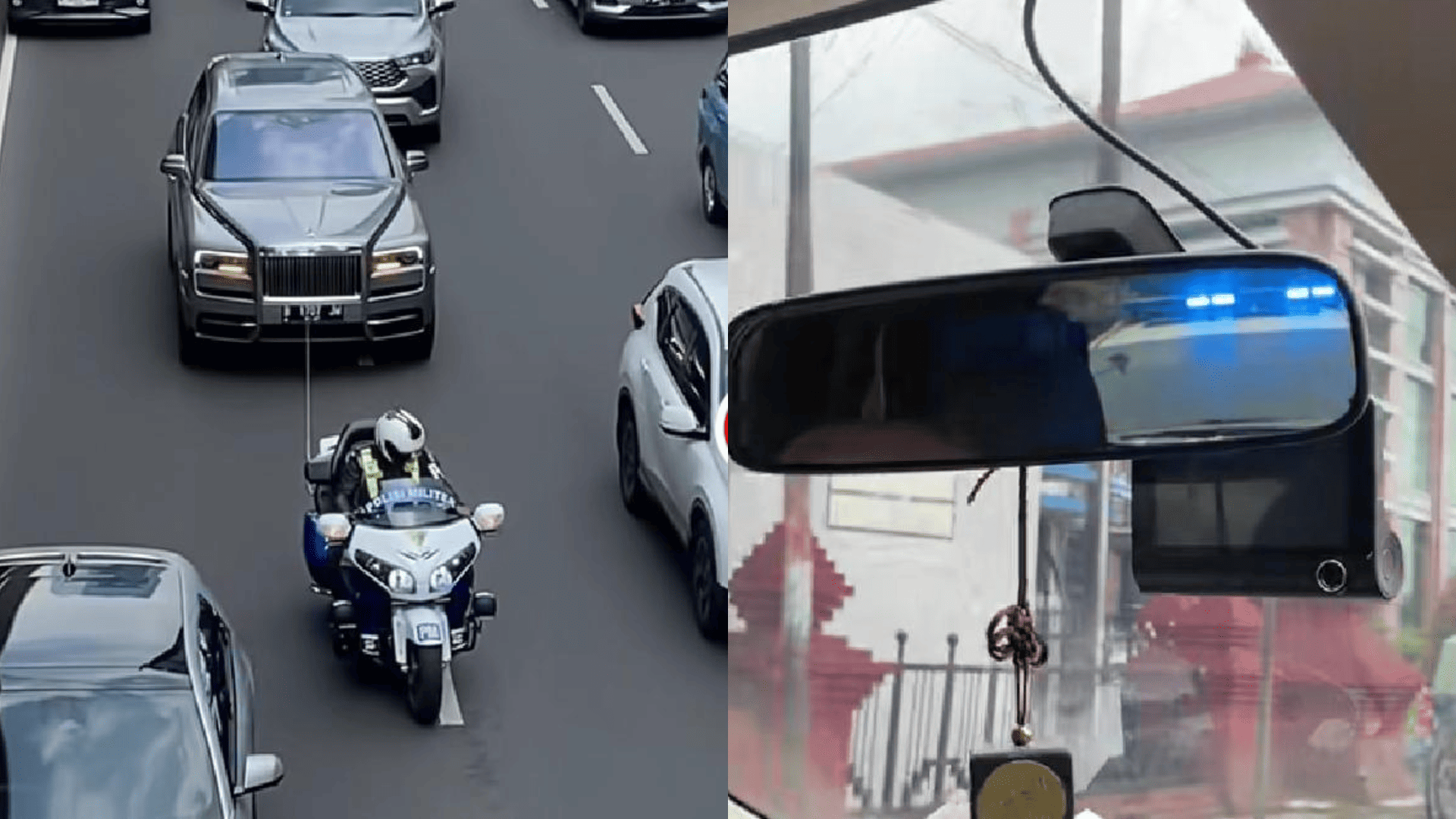 Rekaman video warganet yang menunjukkan kendaraan non-prioritas menyalakan sirine dan strobo.