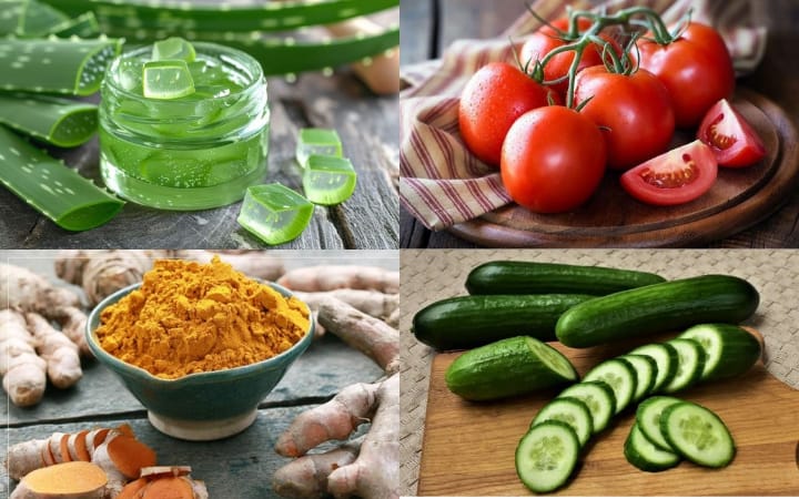 Berbagai bahan alami seperti lidah buaya, tomat, dan kunyit untuk masker wajah.