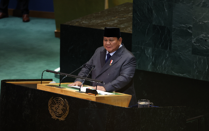 Presiden Prabowo Subianto pidato di KTT Palestina yang digelar di United Nations General Assembly Building, Manhattan, New York, Selasa (23/9/2025).