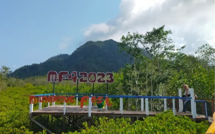 Jalan-jalan di jembatan kayu sambil meresapi udara segar hutan mangrove di sisi selatan Trenggalek.
