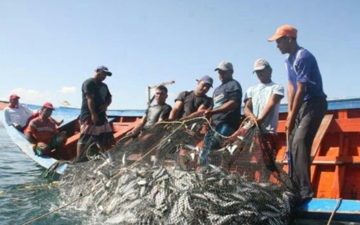 Nelayan Trenggalek sedang menarik hasil tangkapan ikan laut segar yang menjadi komoditas unggulan daerah pesisir selatan Jawa Timur.