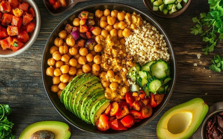 Menu plant-based berupa salad warna-warni yang menggugah selera.