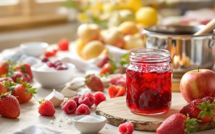 Satu wadah kaca berisikan selai strawberry dan campuran rasberry yang terlihat menggoda.