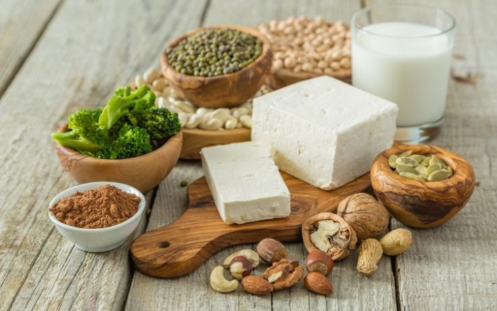 Beberapa jenis protein nabati seperti tahu, kacang hijau, semangkuk brokoli, segelas susu dan jenis kacang-kacangan.
