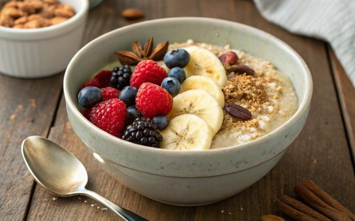 Semangkuk oatmeal dengan potongan pisang, beri segar, dan taburan kacang &mdash; pilihan sarapan sehat yang membantu menurunkan kolesterol dan menjaga jantung tetap kuat.