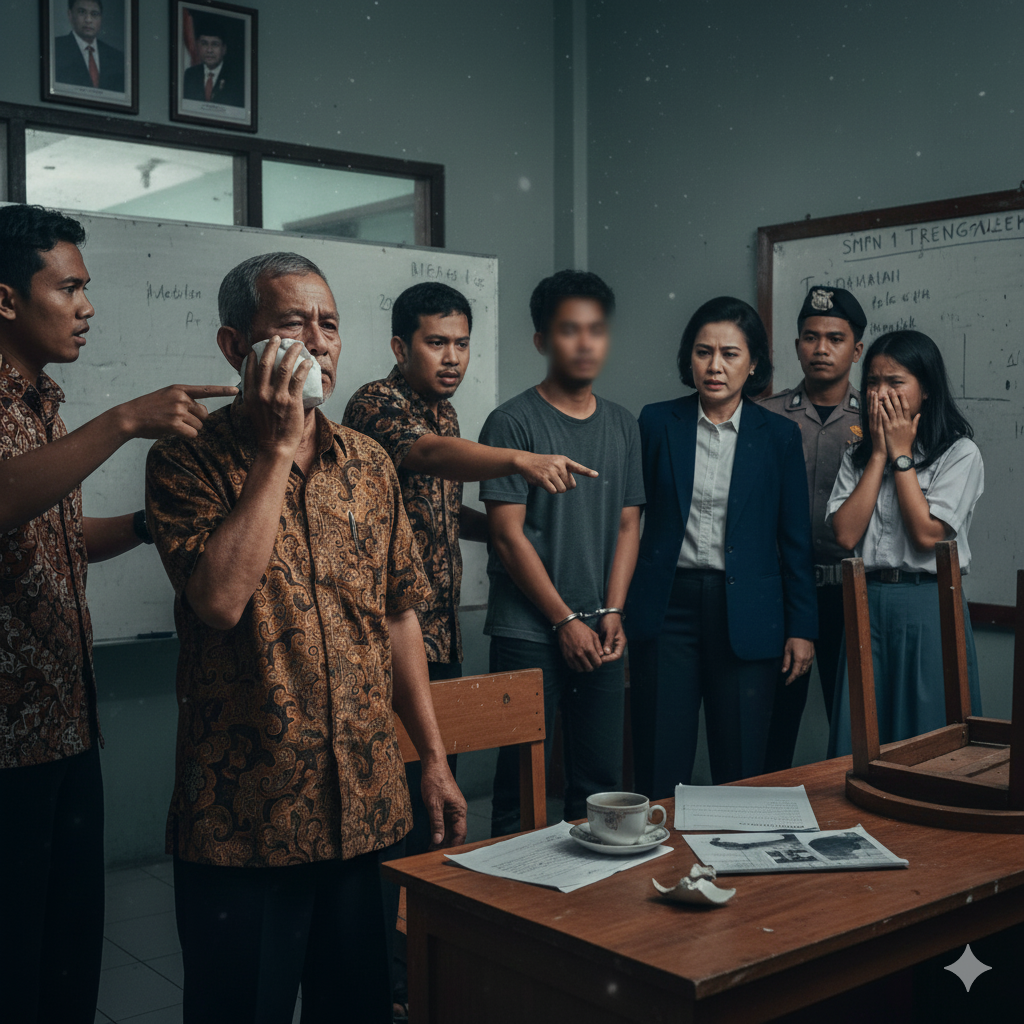 Guru SMPN 1 Trenggalek, Eko Prayitno, menjadi korban penganiayaan oleh kakak salah satu murid setelah menegur siswi yang bermain HP di kelas.