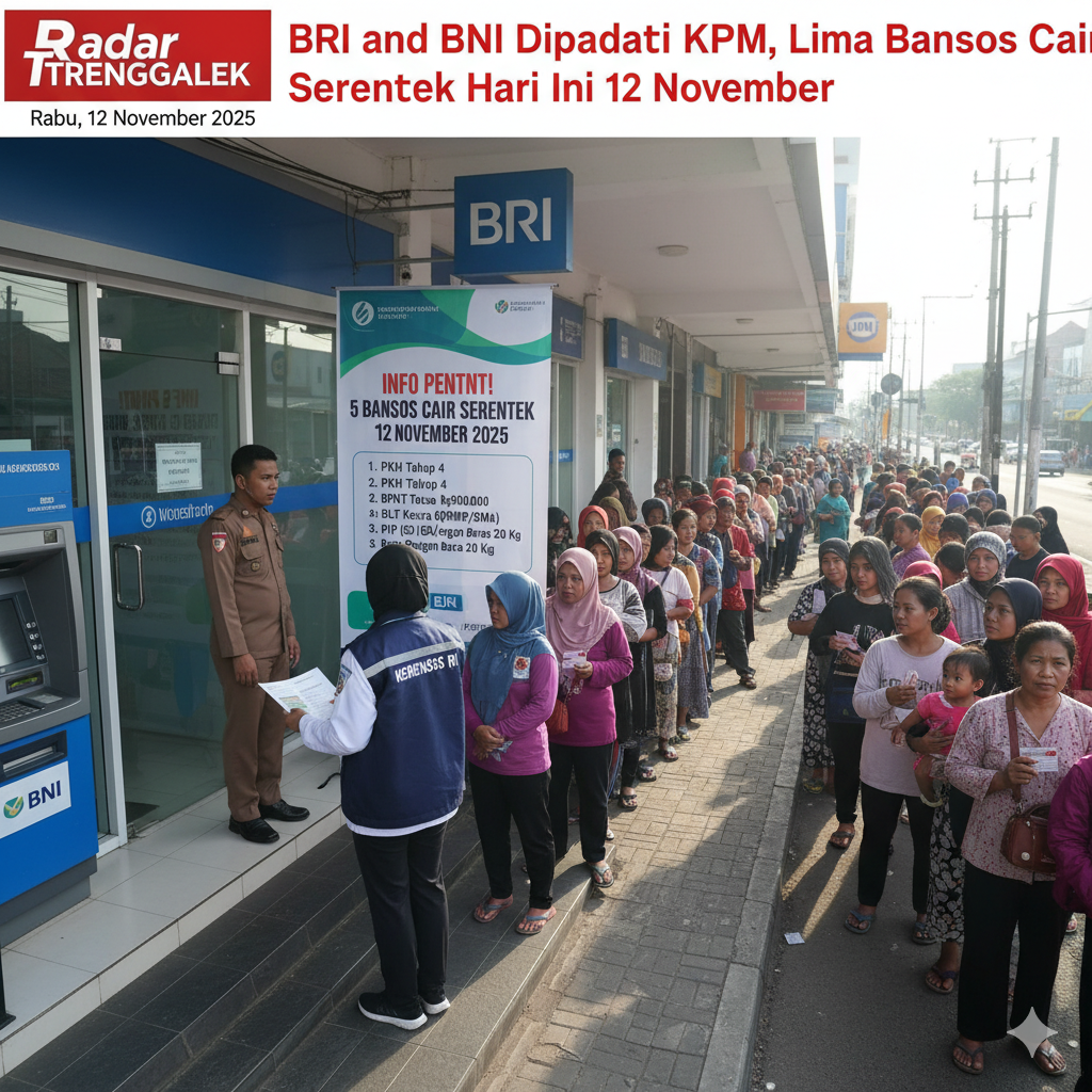 Sejumlah Keluarga Penerima Manfaat (KPM) memadati kantor BRI dan BNI untuk memeriksa penyaluran bantuan sosial yang cair serentak pada 12 November 2025.
