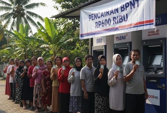 KPM melakukan pengecekan saldo bantuan BPNT Rp600 ribu melalui ATM bank Himbara yang mulai cair di sejumlah wilayah Jawa Barat.