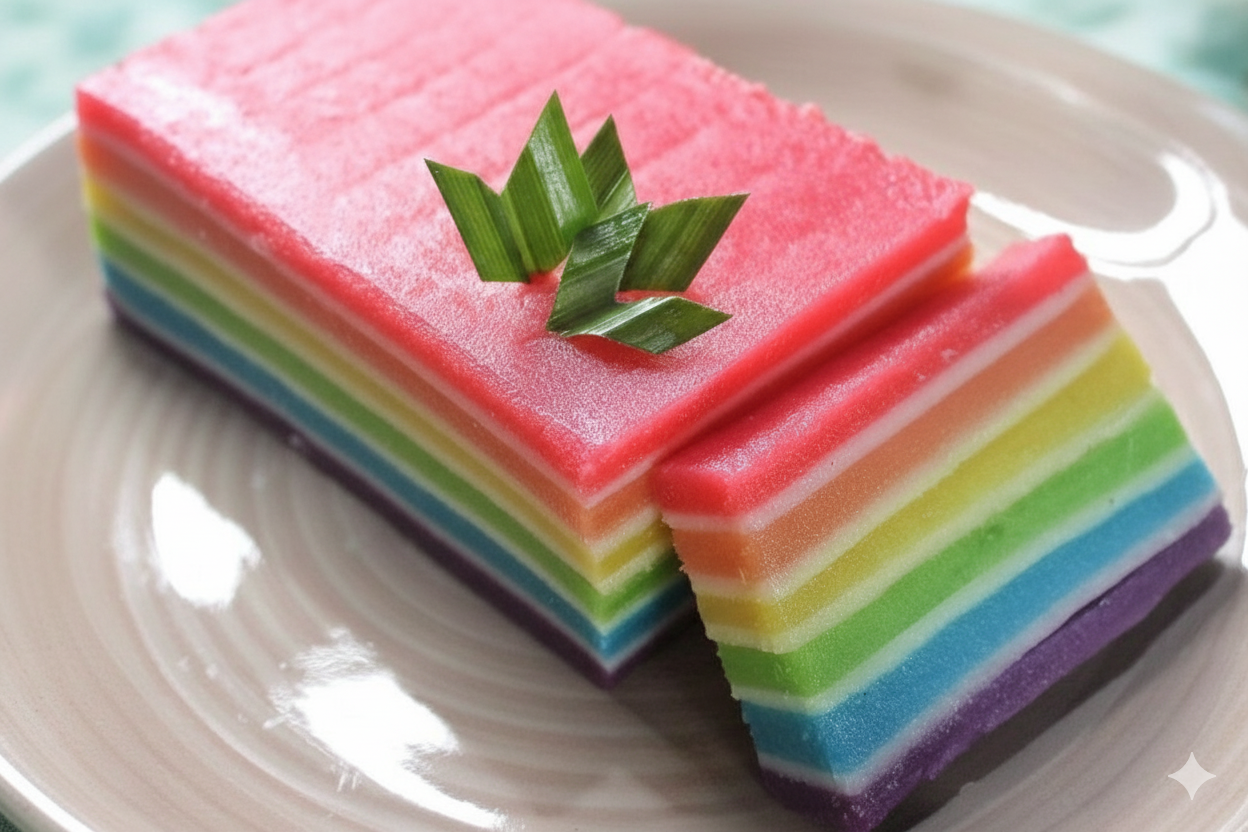 Kue lapis dengan lapisan warna yang rapi dan tekstur kenyal, menjadi salah satu jajanan tradisional yang masih digemari masyarakat hingga kini.