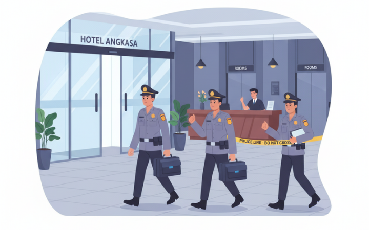 Petugas kepolisian memasuki area hotel untuk melakukan olah TKP.
