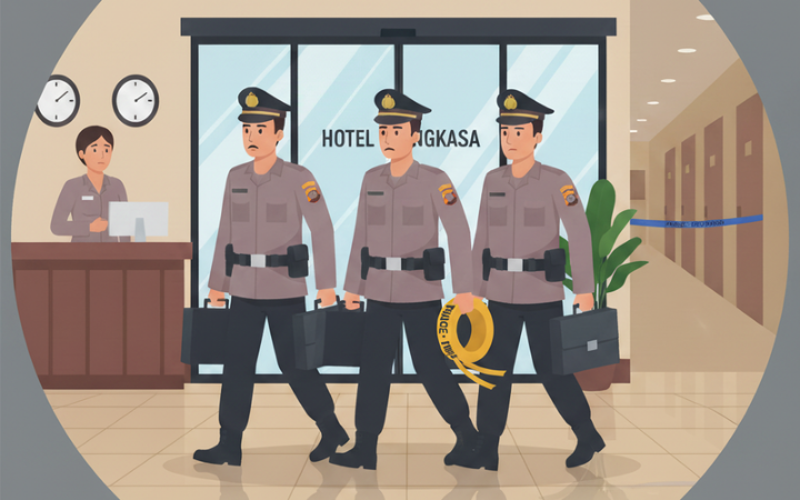 Petugas kepolisian memasuki area hotel untuk melakukan olah TKP. (Ilustrasi)