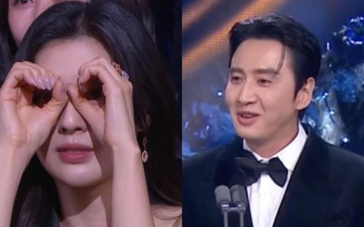 Gestur imut aktris itu saat presenter pria naik ke panggung Blue Dragon Awards 2025. (Youtube)