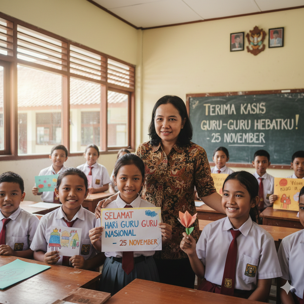 Guru di salah satu sekolah di Trenggalek menerima ucapan sederhana dari para murid pada peringatan Hari Guru Nasional.