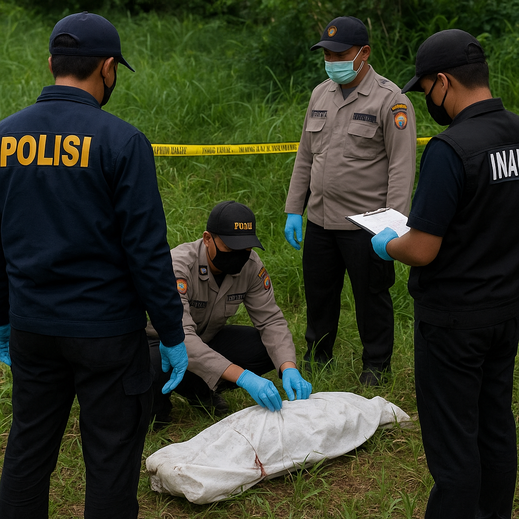 Petugas kepolisian melakukan olah TKP di lokasi penemuan jasad anak yang diduga mirip Alvaro.