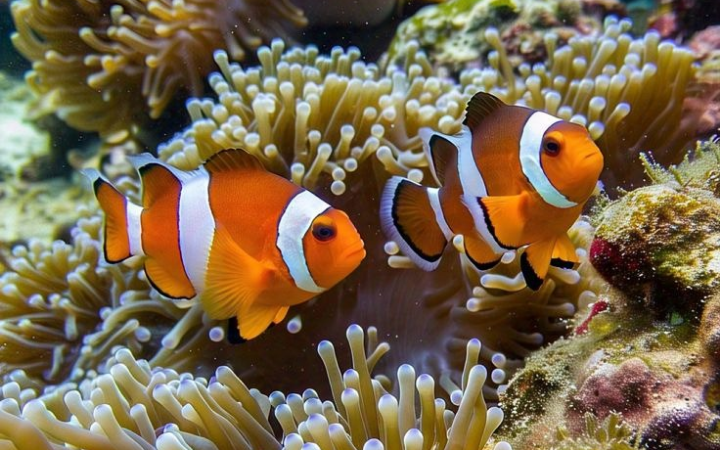 2 ikan penjaga terumbu karang. Ikan Badut & Anemon menjalin simbiosis mutualisme. Mereka kebal racun dan melindungi