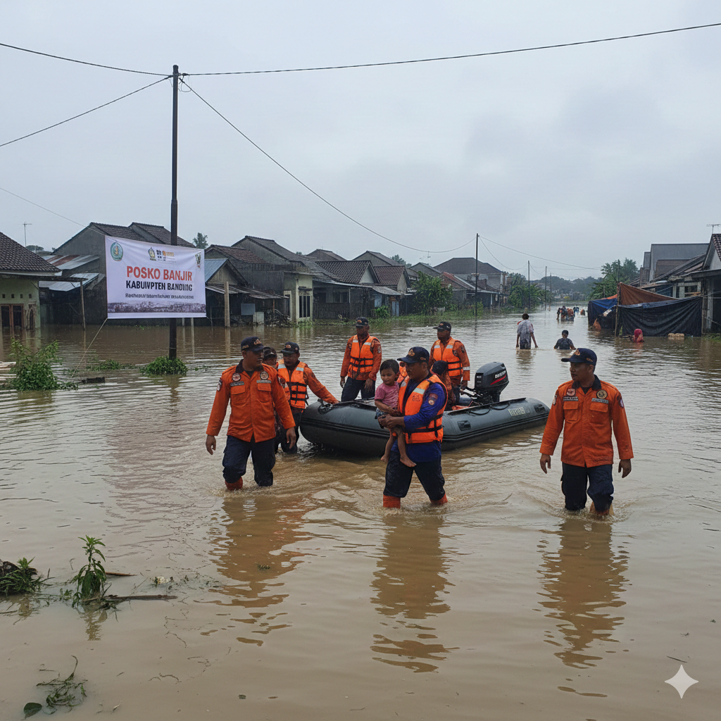 Petugas gabungan membantu warga mengevakuasi barang saat banjir melanda Kabupaten Bandung, Kamis (4/11/2025).