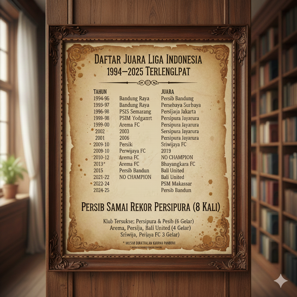 Daftar Juara Liga Indonesia 1994&ndash;2025 Terlengkap: Persib Samai Rekor Persipura, Siapa Klub Tersukses?