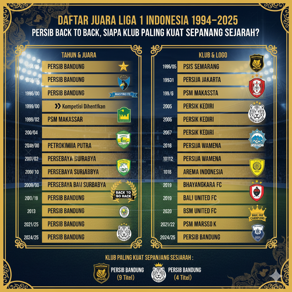 Daftar Juara Liga 1 Indonesia 1994&ndash;2025: Persib Back to Back, Siapa Klub Paling Kuat Sepanjang Sejarah?