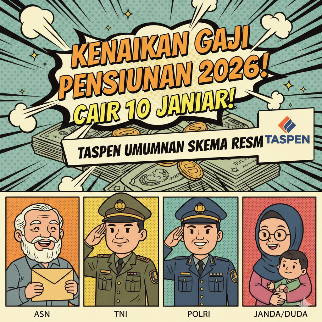buatkan foto beda gaya fdari sebelumnya tentang Kenaikan Gaji Pensiunan 2026 Cair 10 Januari, Taspen Umumkan Skema Resmi Rapel ASN TNI Polri hingga Janda Duda