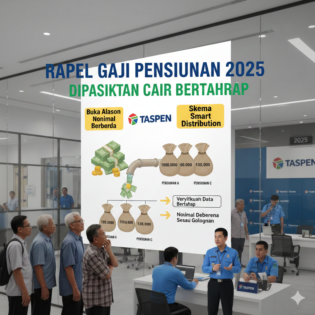 buatkan foto tentang Rapel Gaji Pensiunan 2025 Dipastikan Cair Bertahap, Taspen Buka Alasan Nominal Berbeda dan Skema Smart Distribution