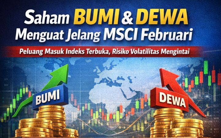 Pergerakan saham BUMI dan DEWA menunjukkan tren penguatan dengan lonjakan transaksi, seiring spekulasi pasar jelang pengumuman rebalancing MSCI Februari.