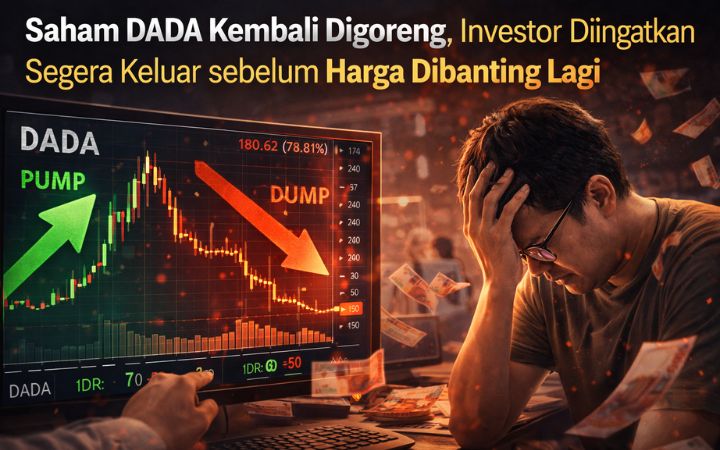 Ilustrasi pergerakan saham DADA yang kembali digoreng, ditandai lonjakan harga tajam sebelum dibanting, memicu peringatan bagi investor untuk segera keluar.