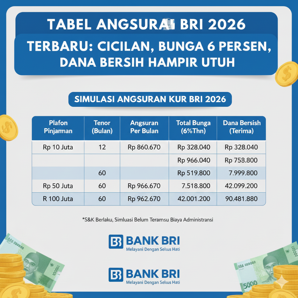 Tabel Angsuran KUR BRI 2026 Terbaru: Cicilan Ringan, Bunga 6 Persen, Dana Bersih Hampir Utuh