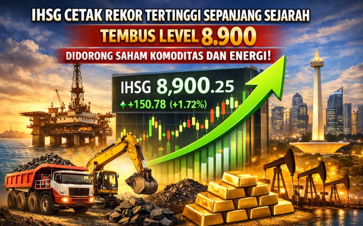 Indeks Harga Saham Gabungan menembus level 8.900, tertinggi sepanjang sejarah. Penguatan didorong lonjakan saham komoditas dan energi, seiring sentimen positif pasar dan kenaikan harga global.