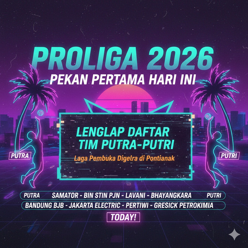 buatkan foto beda gaya dari sebelumnya tentang Jadwal Proliga 2026 Pekan Pertama Hari Ini: Lengkap Daftar Tim Putra-Putri, Laga Pembuka Digelar di Pontianak