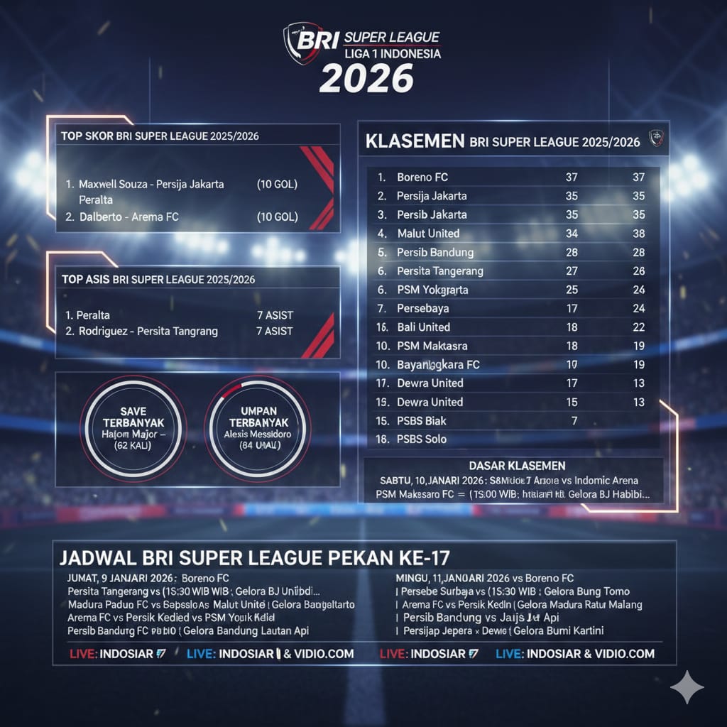Jadwal Liga 1 2026 Pekan 17 Lengkap: Big Match Persib vs Persija, Klasemen Panas dan Persaingan Top Skor Makin Ketat