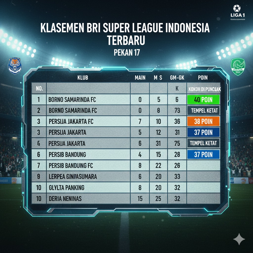 Klasemen BRI Super League Indonesia Terbaru Pekan 17: Borneo Samarinda Kokoh di Puncak, Persija & Persib Tempel Ketat
