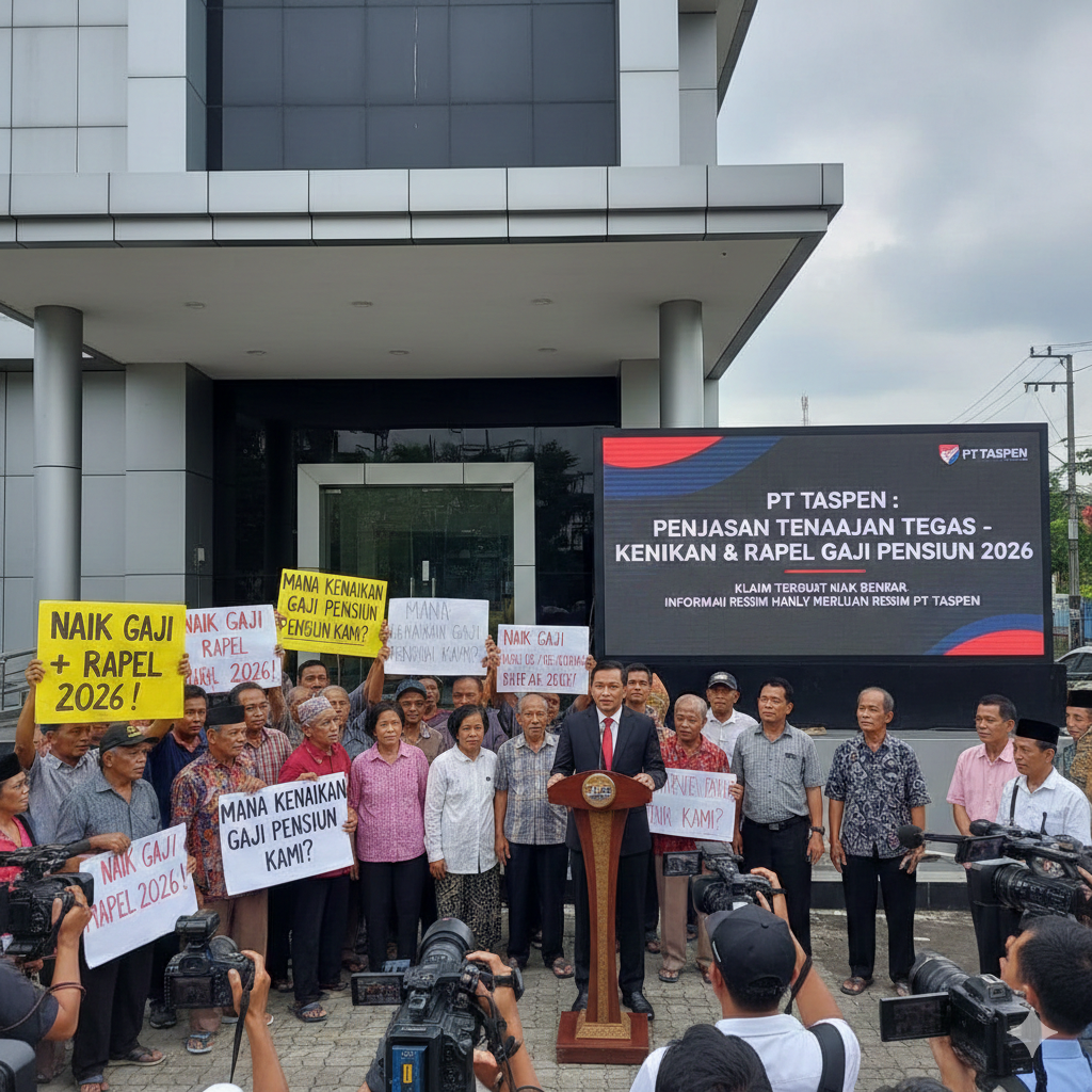 buatkan foto tentang Ramai Klaim Kenaikan dan Rapel Gaji Pensiun 2026, Benarkah Akan Cair? Ini Penjelasan Tegas PT Taspen